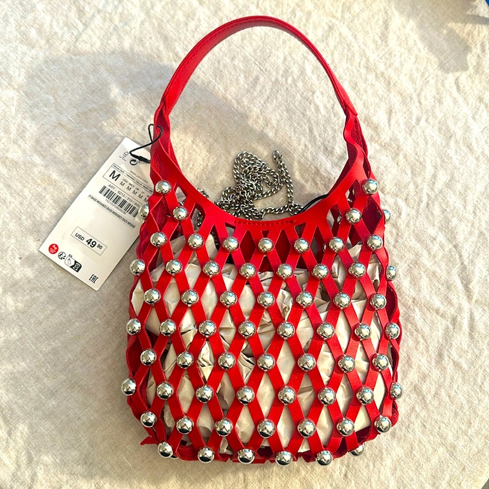 NWT Zara red studded purse with attachable chain